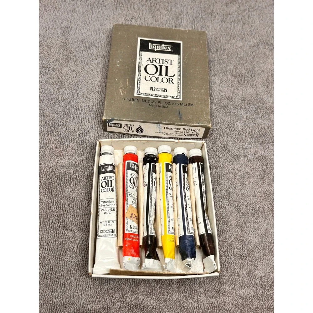 Vintage Liquitex Artist Oil Color Paint Set 6 Tubes Binney & Smith USA w/ Box
